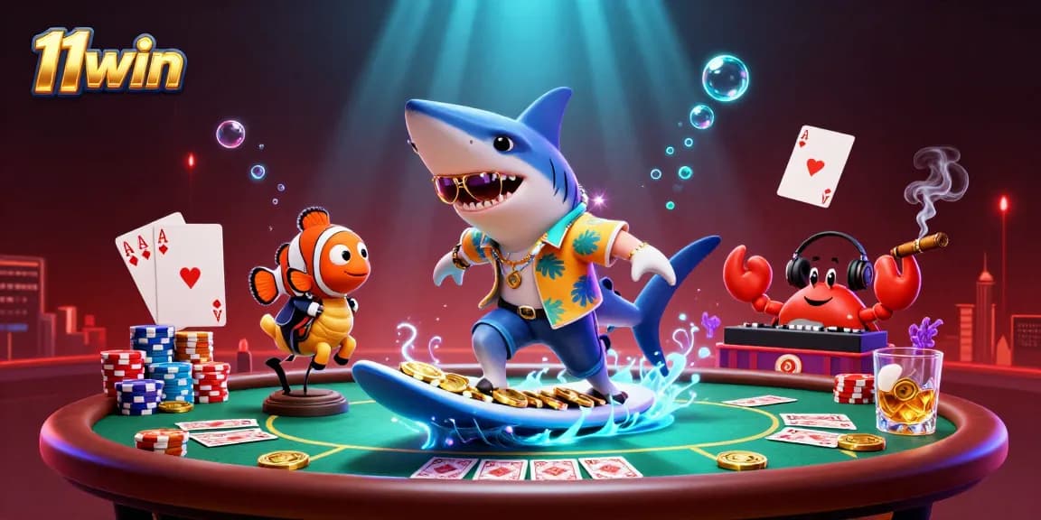 Join the adventures at 11win with a lively casino scene featuring a surfing shark amidst poker excitement.