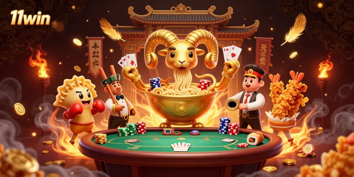 Experience the vibrant world of 11win with a dynamic poker-themed 3D illustration featuring unique characters.