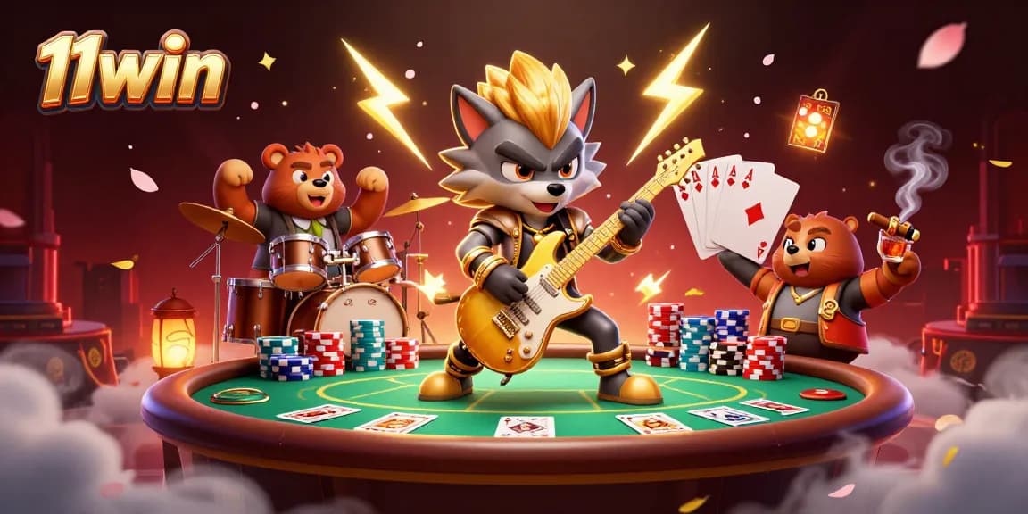 Win big at 11win with the vibrant energy of a 3D rocking casino scene.