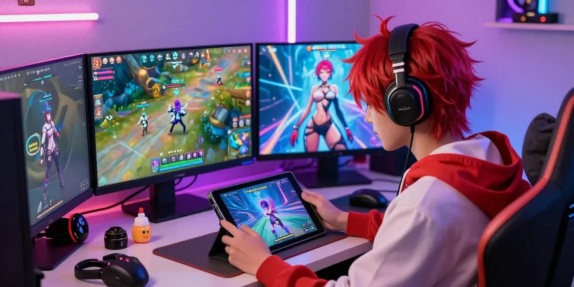 The character engaging with a sissy hentai game on tablet in a vibrant gaming setting.