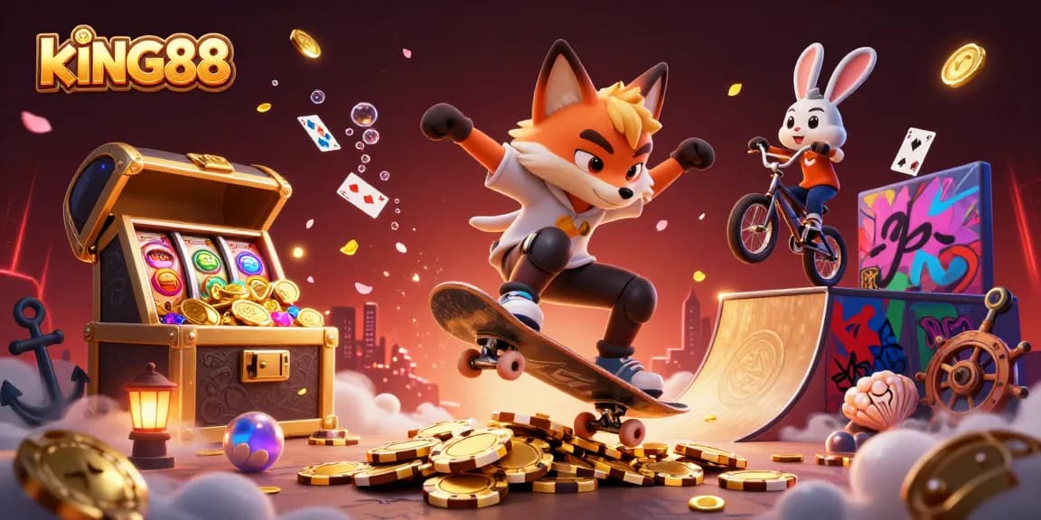 Engage with kING88's thrilling casino adventure featuring animated characters amidst vibrant gambling elements.