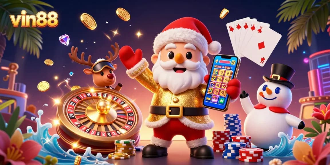 Spin the reels with vin88's vibrant casino characters: Santa, reindeer, and snowman!