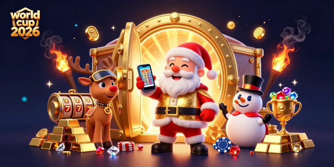 Bet on world cup 2026 with a festive casino scene featuring Santa and his friends.