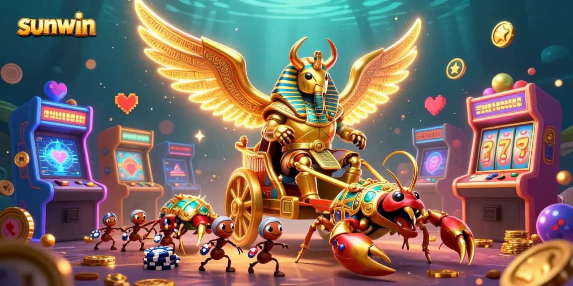 Engage with sunwin's unique casino adventure, featuring a golden scarab and dynamic slot machines.