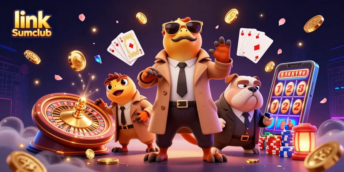 Experience the excitement with link Sumclub's dynamic casino scene featuring three raptors and a bulldog bouncer.