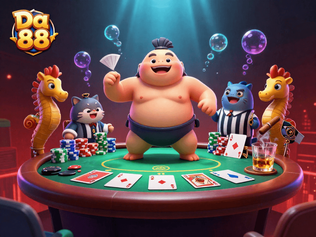 Experience the thrill of Da 88 as the underwater poker championship unfolds in a vivid illustrated scene.