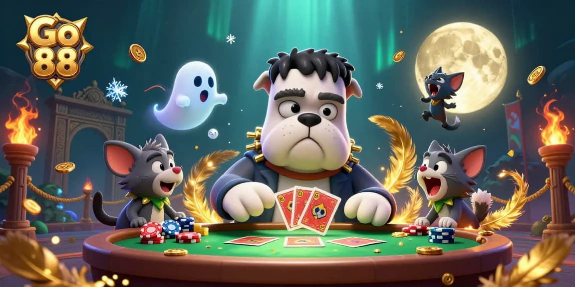 Experience the excitement of Go 88 at a haunted card table, where a unique mix of characters come together in a dynamic 3D casino setting.