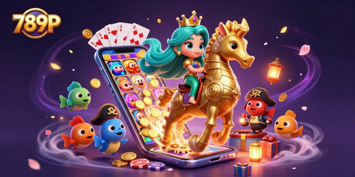 Experience thrilling adventures with 789P as the mermaid princess rides a seahorse amidst vibrant casino elements.