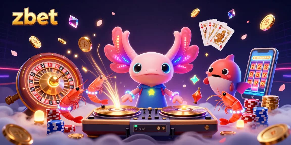 Experience vibrant casino energy with zbet in a 3D scene of neon characters and sparkling gaming elements.