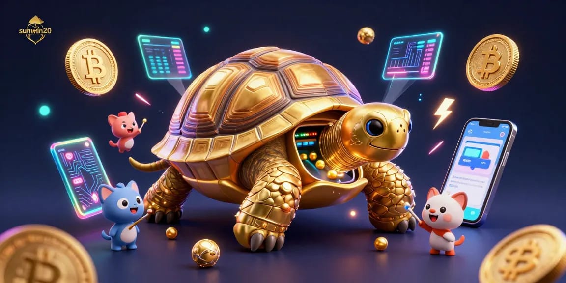 Engage with the animated world of sunwin20 where a golden tortoise acts as a lively pinball machine in an exciting crypto casino.