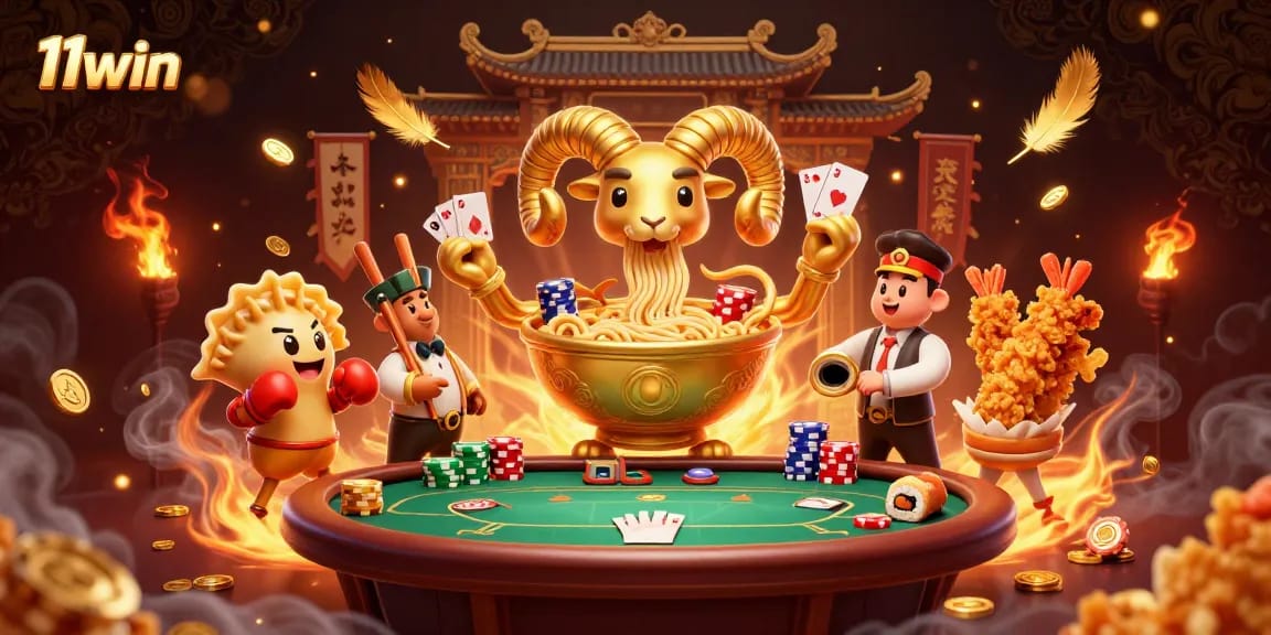 Experience the vibrant world of 11win with a dynamic poker-themed 3D illustration featuring unique characters.