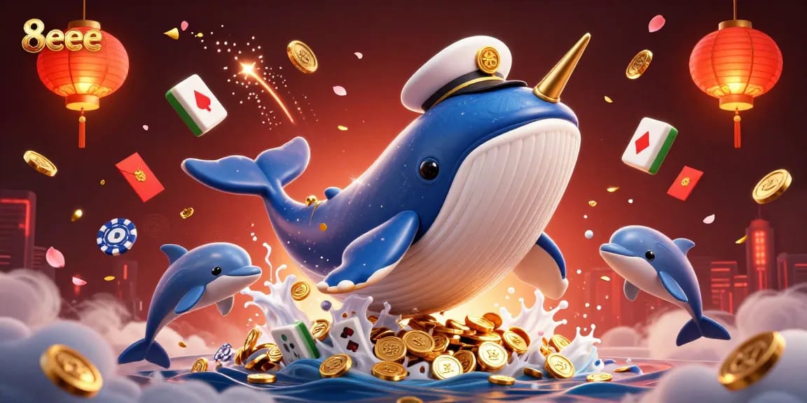 Engage with 8eee's thrilling casino fun, featuring a majestic whale and vibrant game elements.