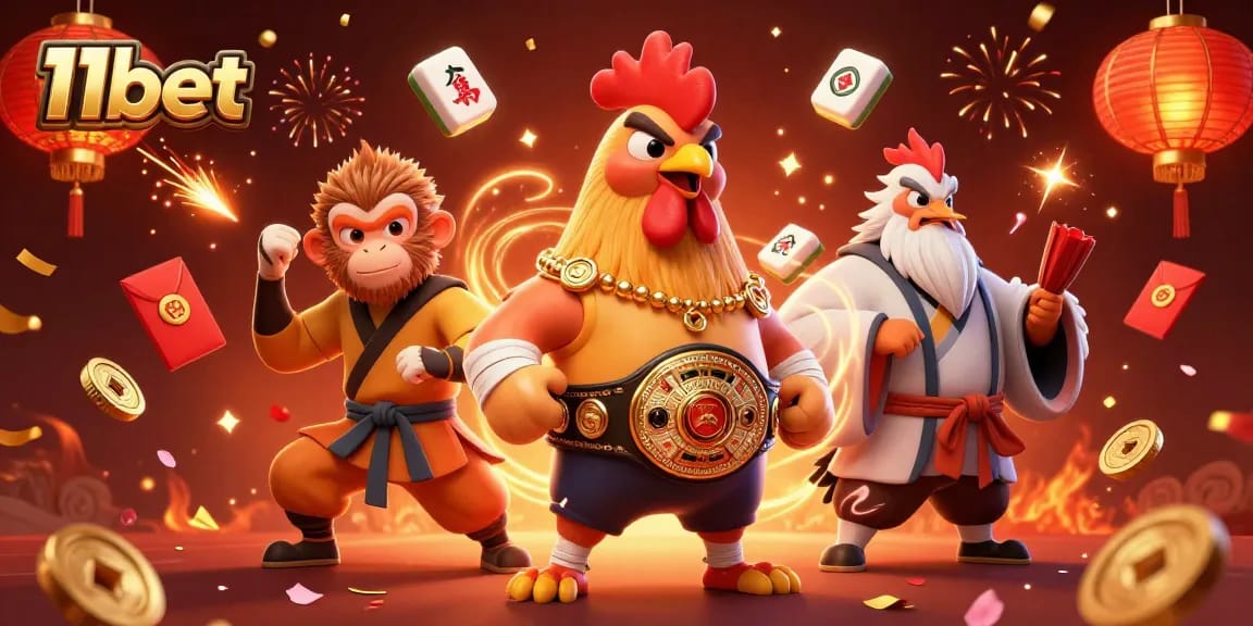 Engage in epic casino action with characters celebrating 11bet amidst festive elements.