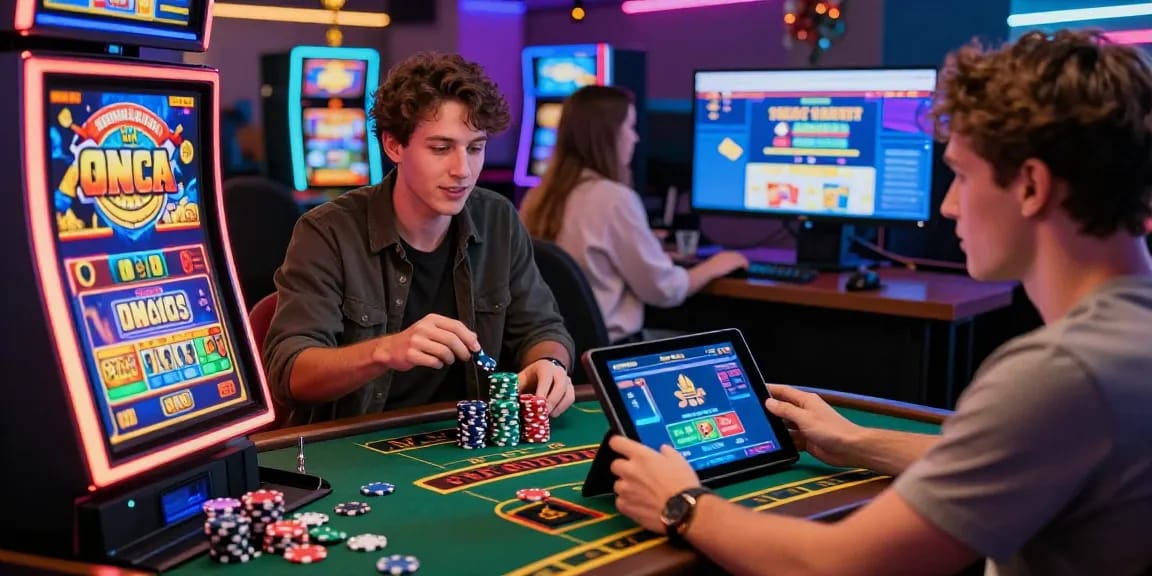 Players enjoying australian online casinos in a lively gaming environment with bright slot machines and live dealer games.