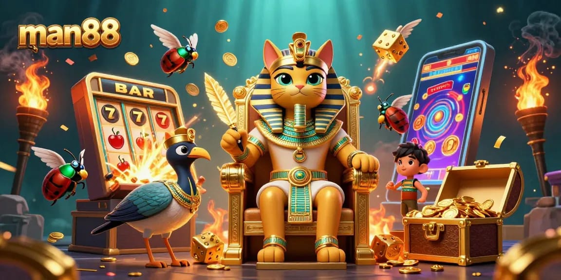 Experience the excitement at man88 with a dynamic 3D casino scene featuring an Egyptian pharaoh cat.