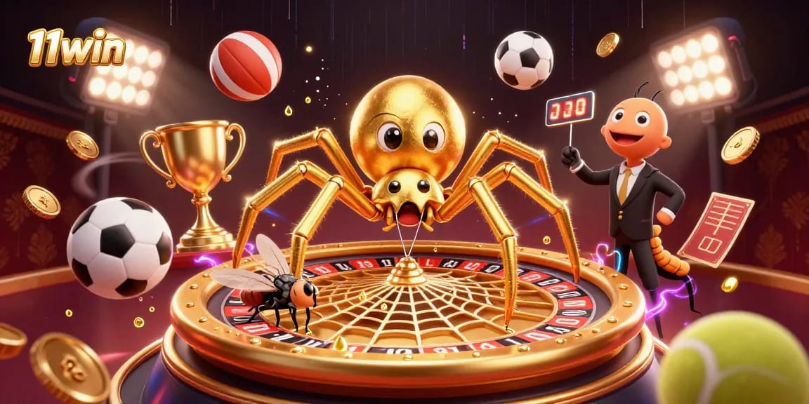 11win spins the odds with a golden roulette web in a thrilling casino scene