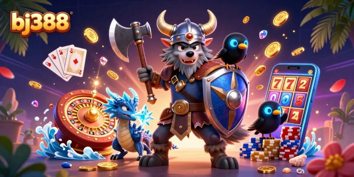 Engage with bj388 as the Viking warrior and fierce dragon dominate a vibrant casino scene.