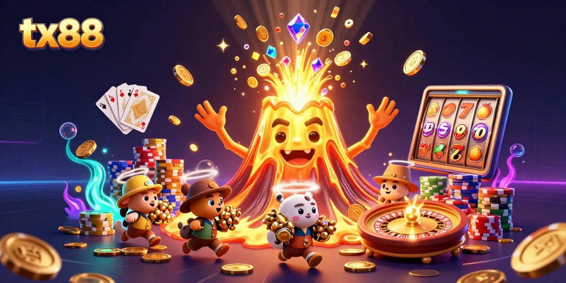 Experience thrilling slot action at tx88 with this vibrant 3D illustration of volcanic treasures.
