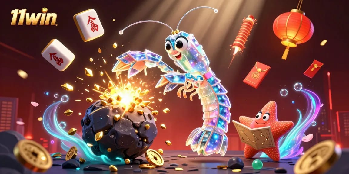 Engage with 11win's vibrant 3D illustration showcasing a galactic samurai shrimp bursting asteroids with jewels and coins.