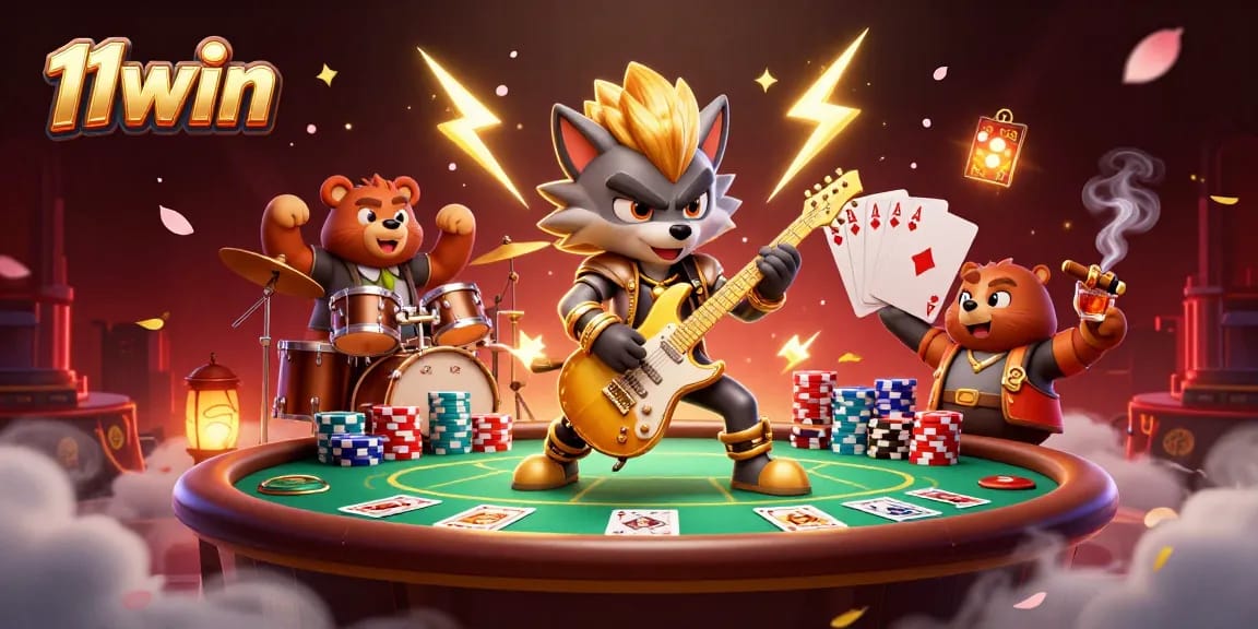 Win big at 11win with the vibrant energy of a 3D rocking casino scene.