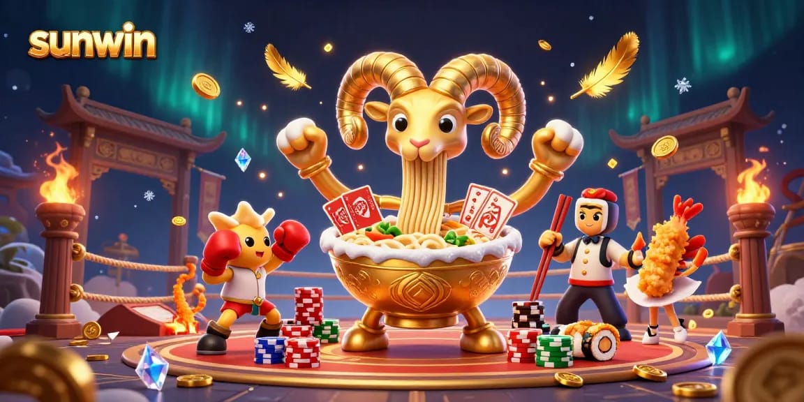Sunwin casino features a thriving golden ramen bowl dealer in a vibrant 3D illustration.