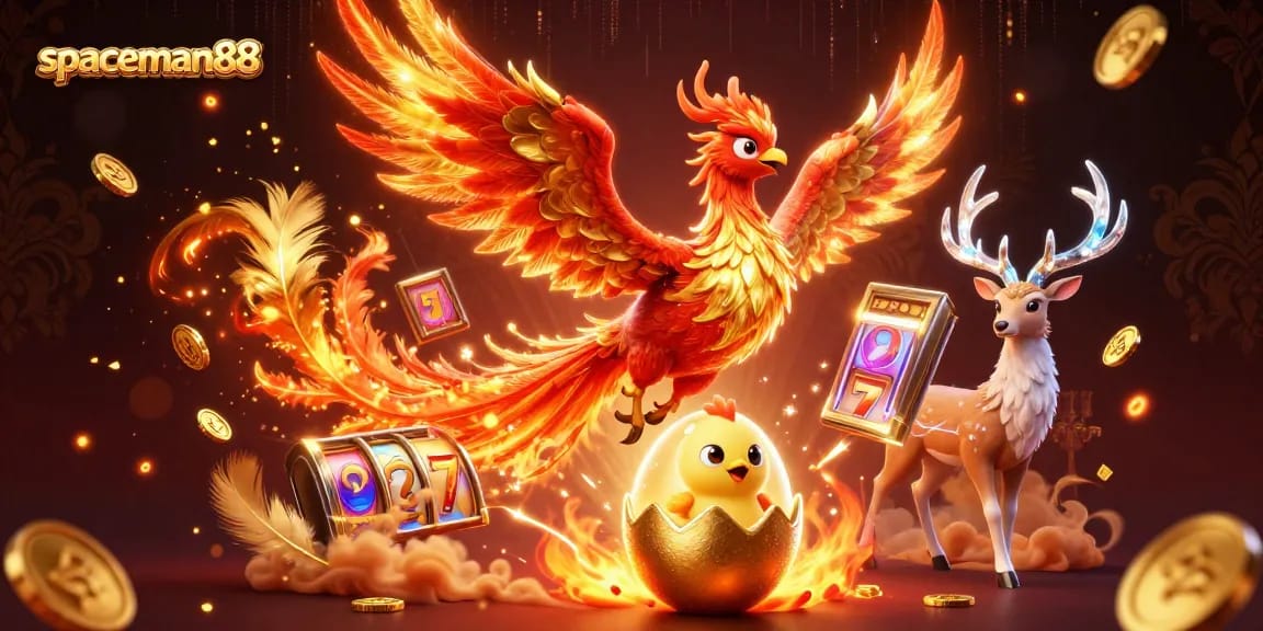 Experience thrilling gameplay with spaceman88 as fire phoenixes soar and coins fly in this vibrant slot scene.