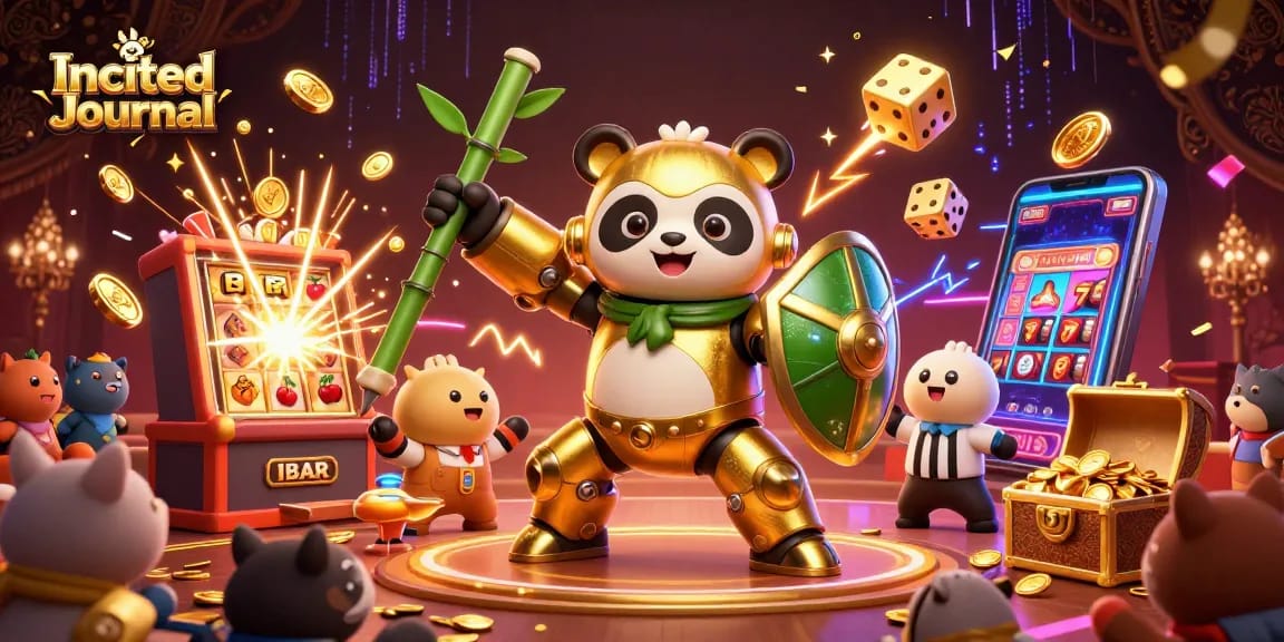 Incited Journal showcases a dynamic casino scene featuring a golden panda in an exciting slot machine jackpot.