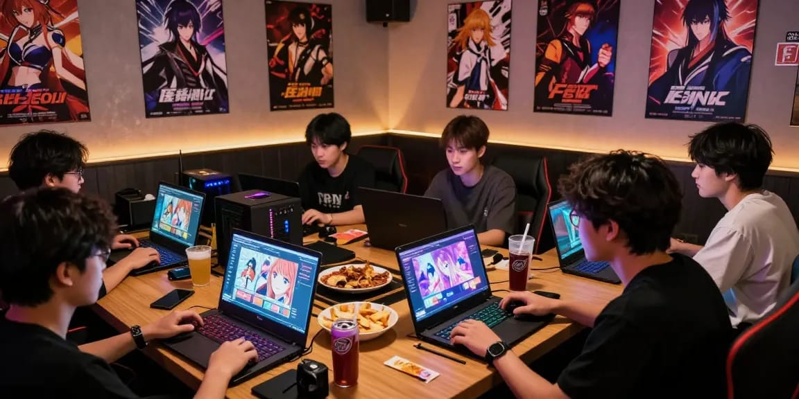 Players enjoying game ecchi in a vibrant gaming lounge with various devices and lively atmosphere.