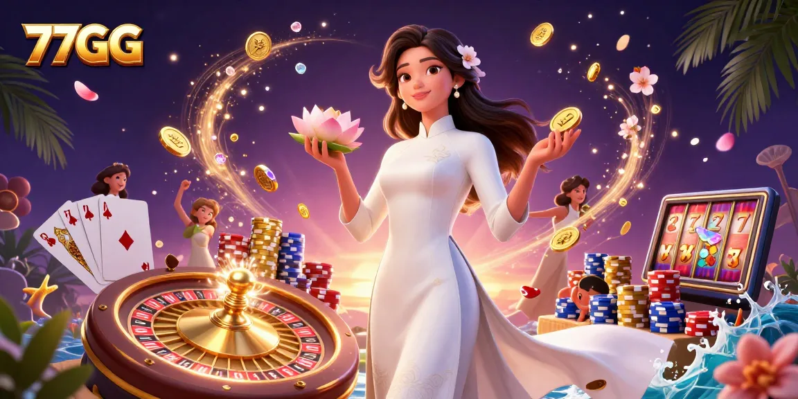Experience thrilling gaming action at 77GG with vibrant visuals of casino elements and rewards.