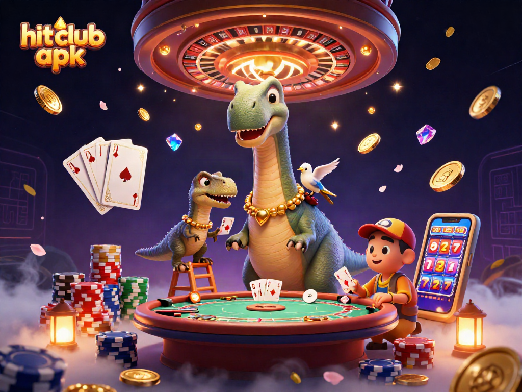 Experience thrilling wins with hit club apk surrounded by vibrant casino elements and playful characters.