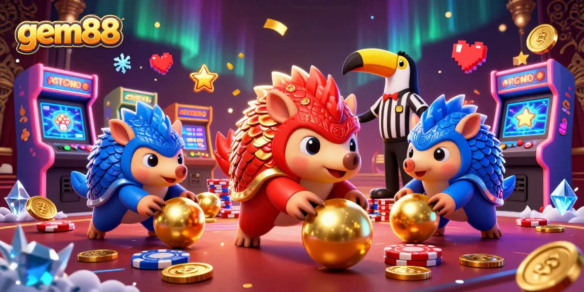 gem88 pangolins clash in a lively casino arcade, rolling golden balls and dazzling poker chips.