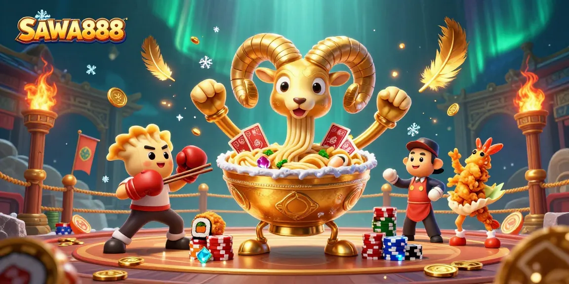 SAWA888 features a giant ramen bowl character dealing cards in a dynamic casino scene.