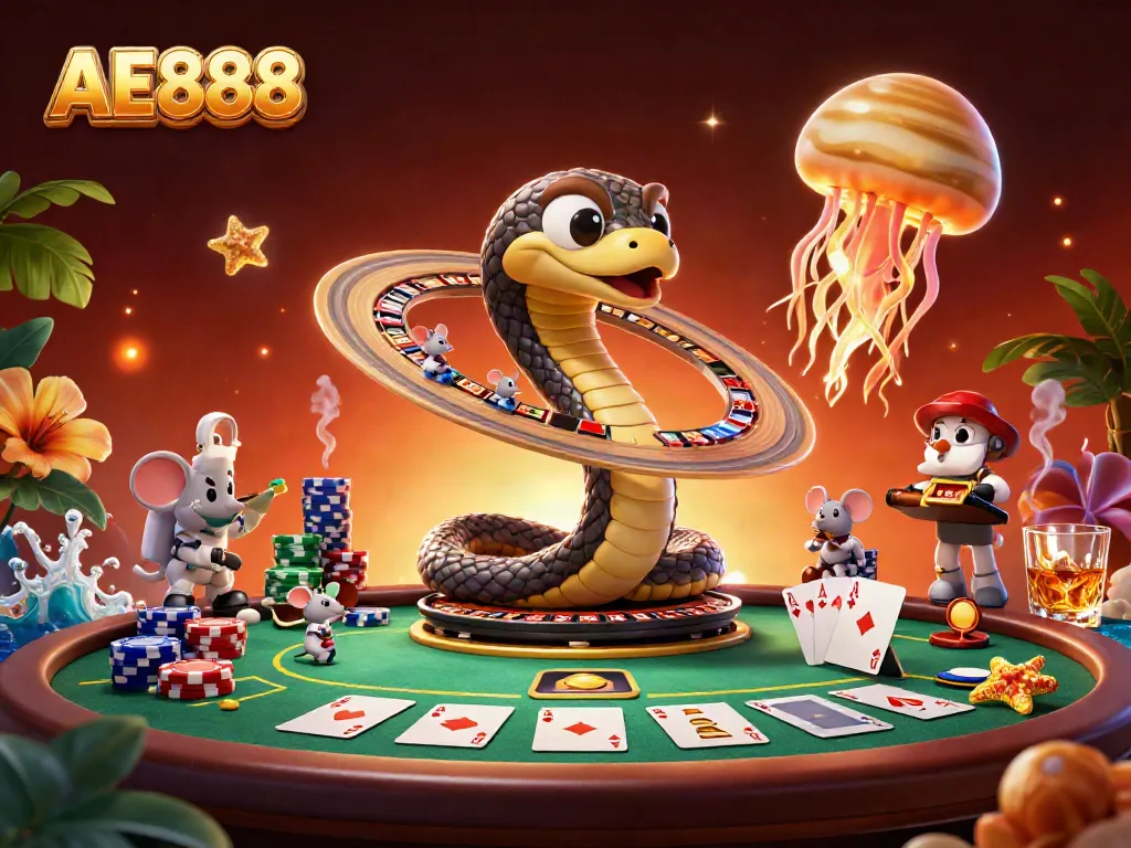 Immerse in AE888's cosmic casino experience with mice betting on a roulette-style Saturn ring.