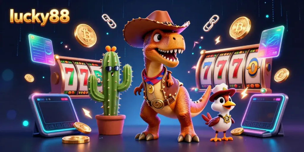 Engage in thrilling slots with lucky88 showcasing T-Rex, cactus, and roadrunner in vibrant casino scene.