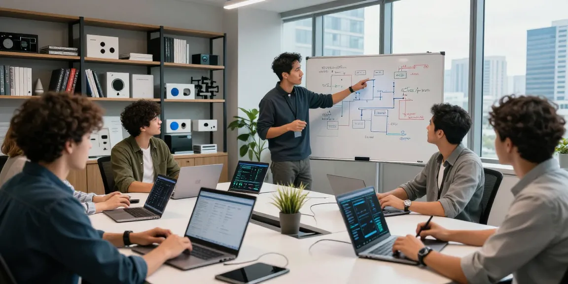 Engineers collaborating on edge computing solutions in a modern office setting with tech devices and data analytics dashboards.