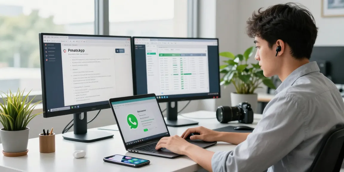 Using WhatsApp電腦版 on a laptop in a modern workspace with dual monitors and stylish decor.
