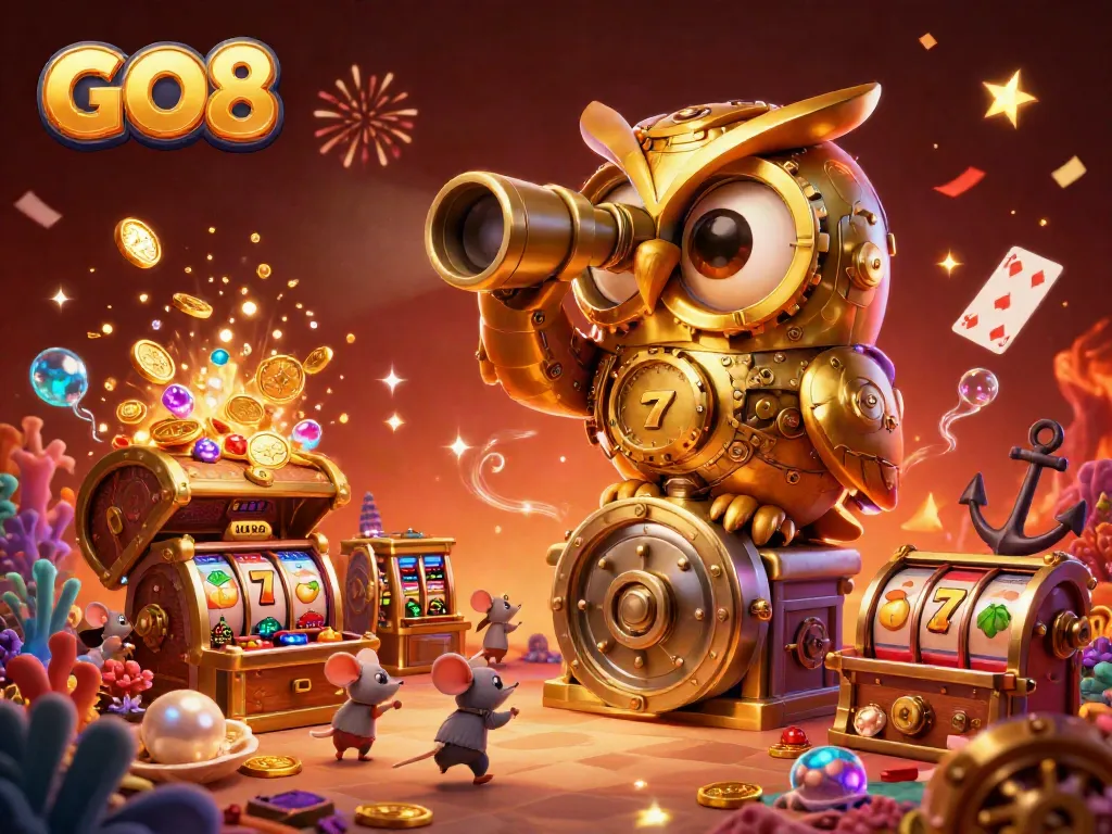 Experience GO8's thrilling casino adventure with a golden owl and vibrant game elements.