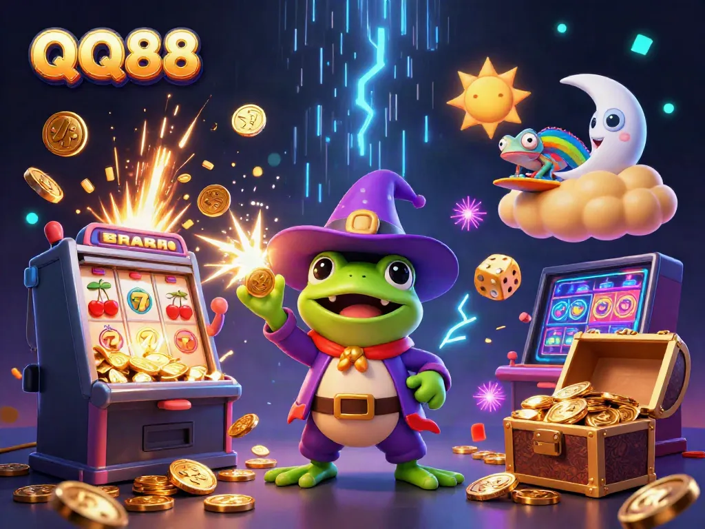 Experience QQ88 with a magical 3D illustration showcasing vibrant casino elements and characters.