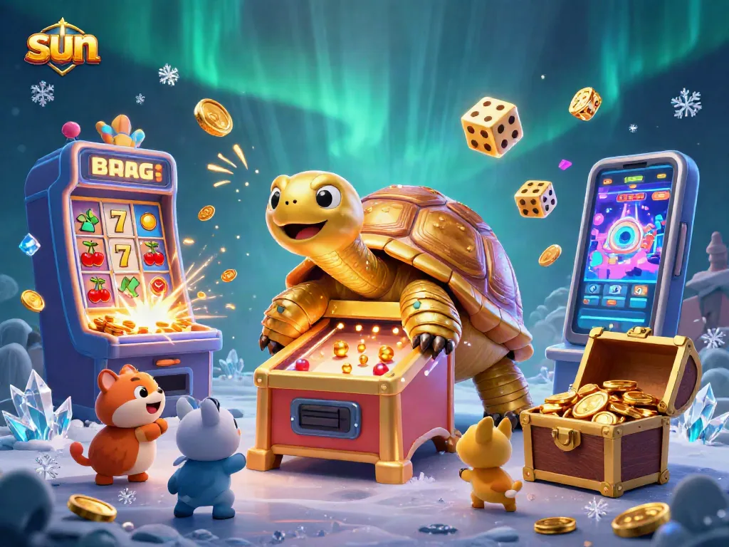Spin the slot machine and watch as golden coins shine bright in the sun.