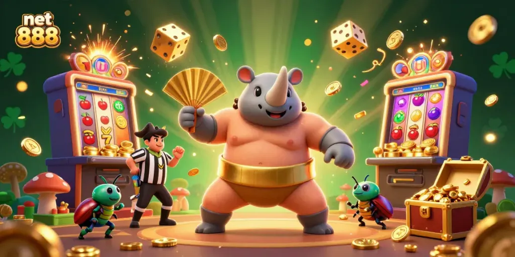 Experience excitement with net 888, featuring a sumo beetle champion and a jackpot explosion at an online casino.