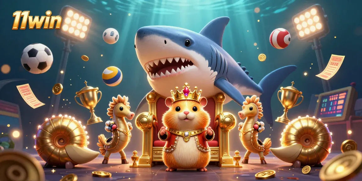 Immerse in 11win's vibrant underwater royal scene with a golden hamster king and dynamic sports elements.