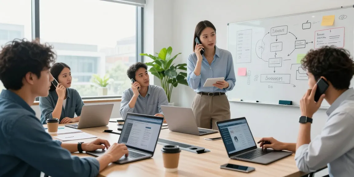 Team discussing phone systems for small business in a modern office setting.