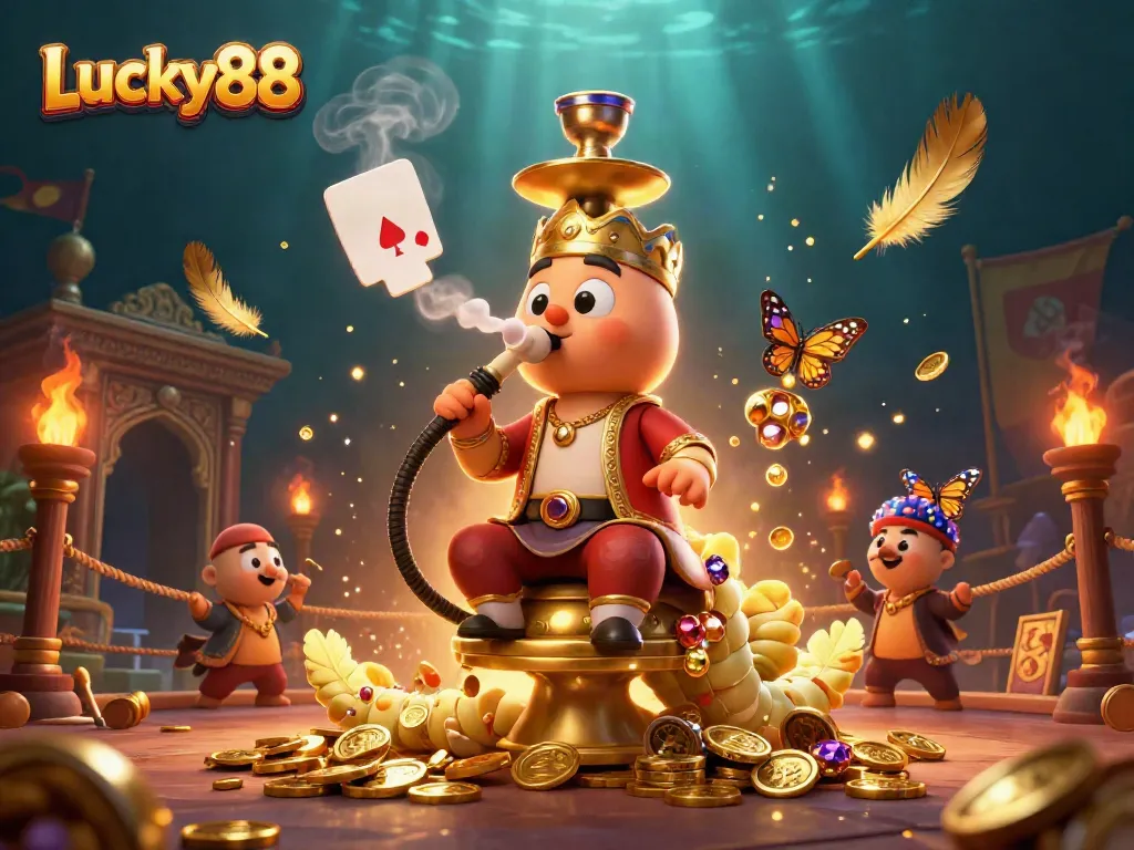 Experience thrilling adventures with Lucky88, featuring a lively caterpillar in a casino setting.