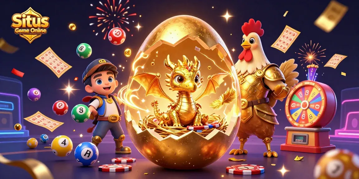 Situs Game Online showcases a vibrant 3D depiction of golden gambling elements and a baby dragon winning with poker chips.
