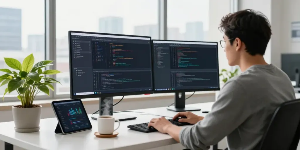 Developer using instant indexing tools at tech workspace, dual monitors with code.