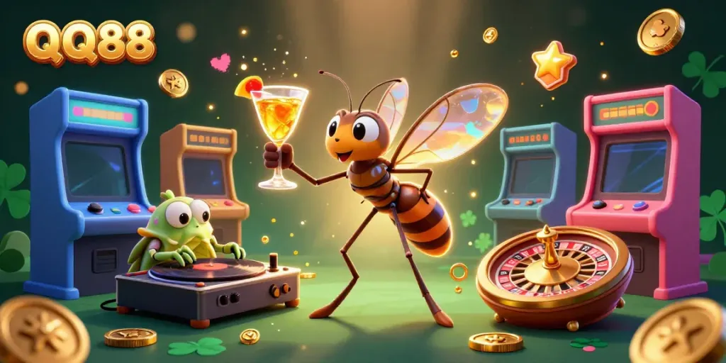 Experience vibrant gaming thrill at QQ88 with lively characters and dynamic casino symbols.