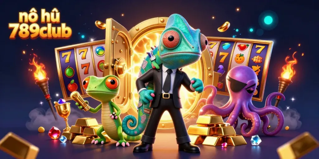 Nổ hũ 789club scene showcasing vibrant slot reels and colorful characters in a dynamic casino environment.