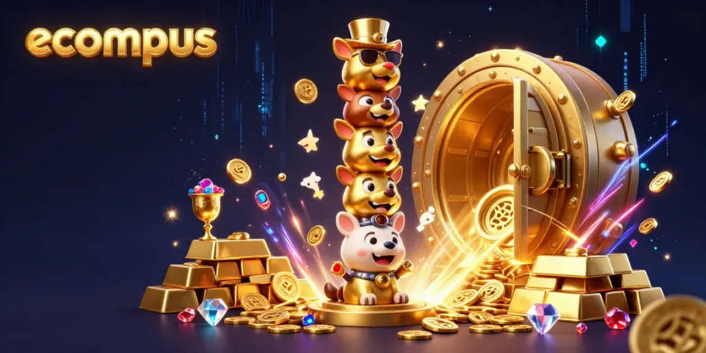 Spin with excitement at ecompus, a vibrant digital casino scene filled with treasures and animated characters.