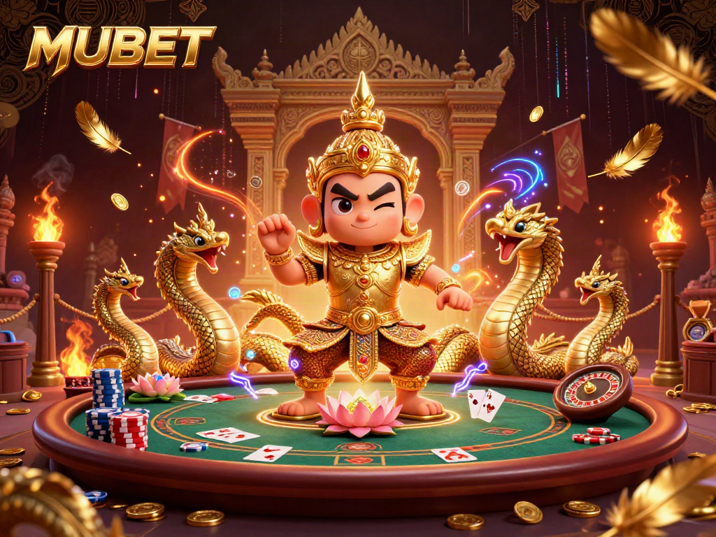 MUBET showcases a friendly Thai guardian in a vibrant casino scene filled with poker elements and dramatic energy.