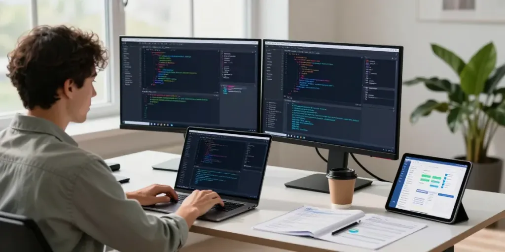 SaaS sponsored content scene in a modern workspace with a developer coding on dual monitors.